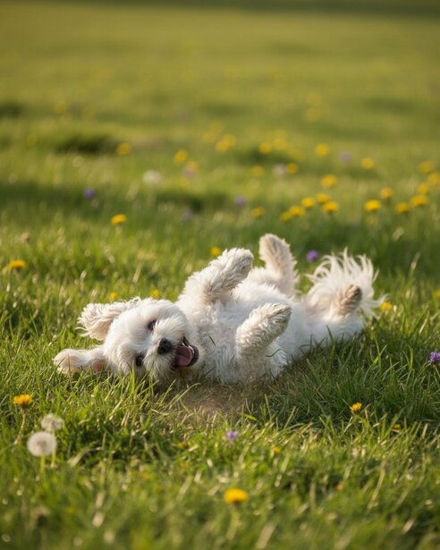 havanese rolling on grass