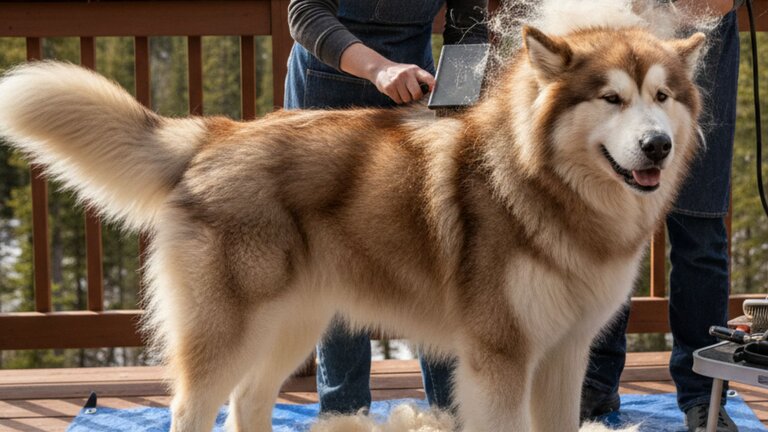 Alaskan Malamute being groomed