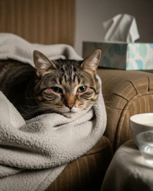 cat wrapped in blanket