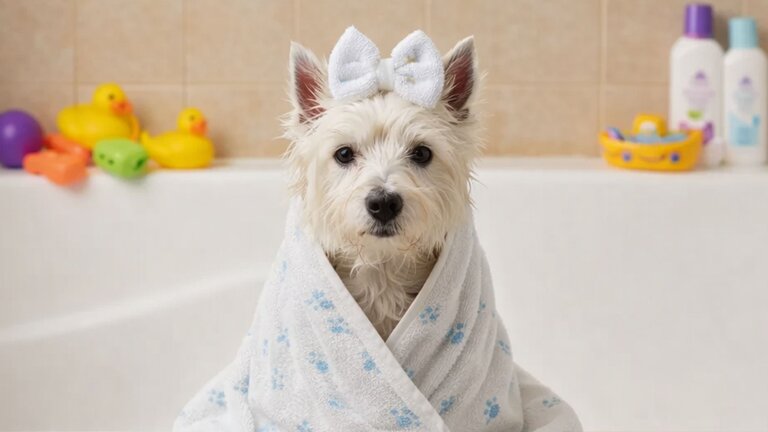 Westie having a bath