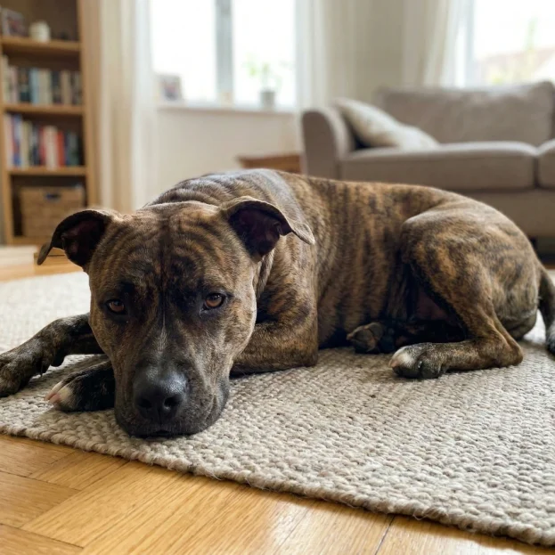 American Staffy lying on rug