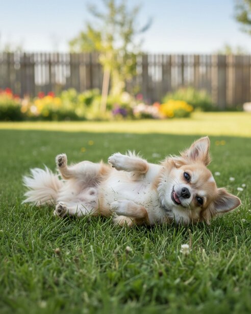 Chihuahua rolling on grass