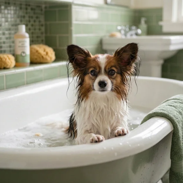 Papillon having a bath