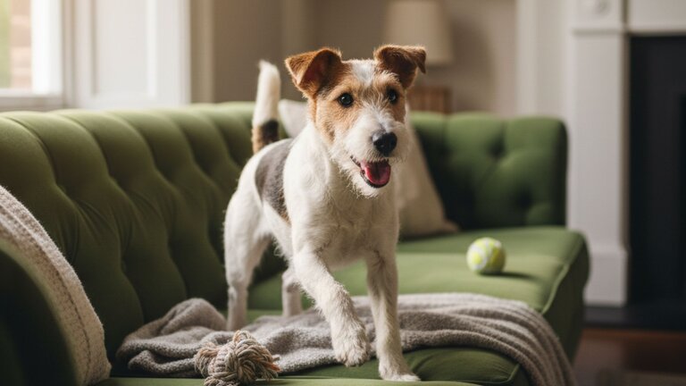 fox terrier standing on sofa