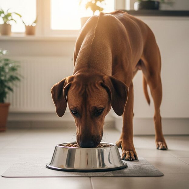 rhodesian ridgeback eating from stainless steel bowl in kitchen