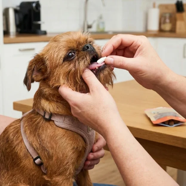 brussels griffon being given a pill