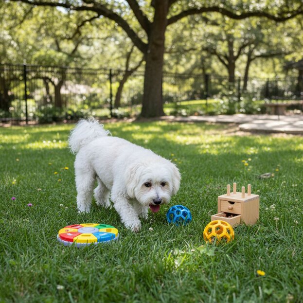 havanese playing outdoors with toys