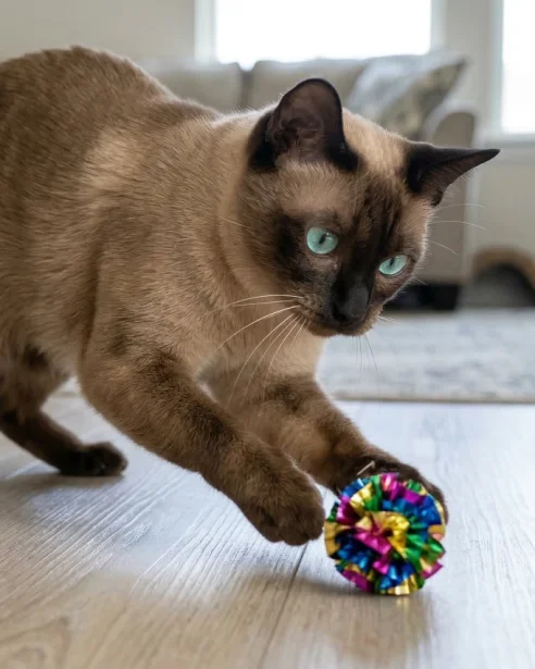 tonkinese cat playing with bright ball