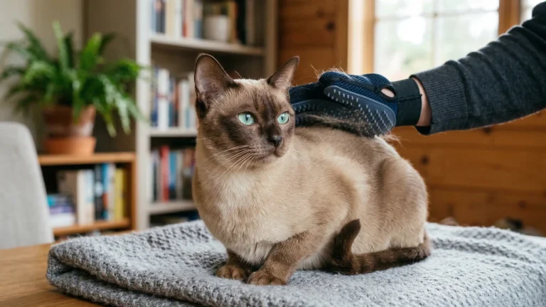 tonkinese cat being groomed with grooming glove