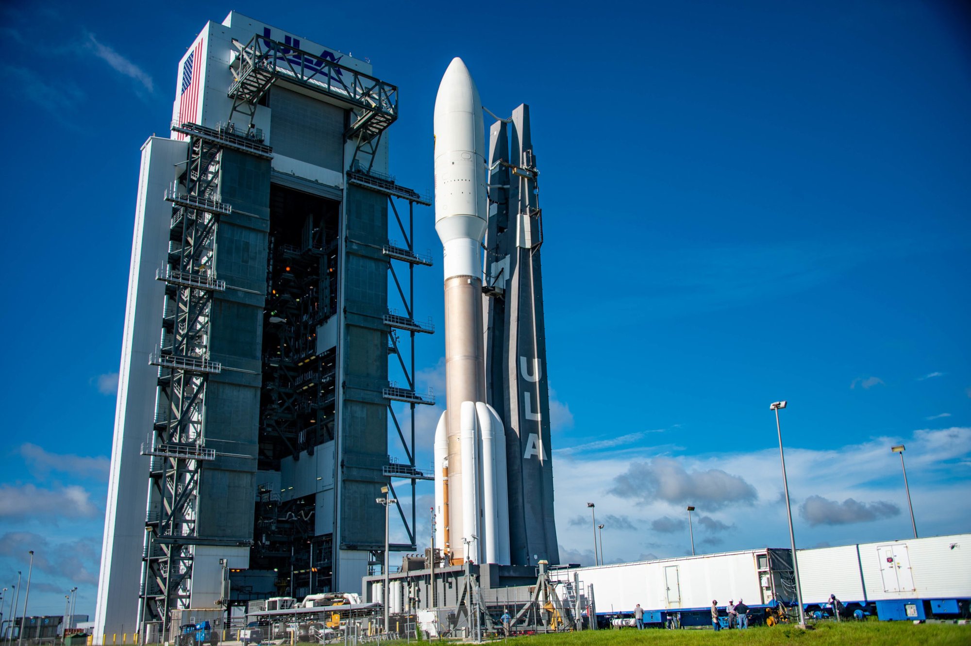 Space and Missile Systems Center’s AEHF-5 (Advanced Extreme High Frequency) encapsulated satellite mated with an Atlas V launch vehicle rolls out in preparation for launch Aug 8, 2019, at Cape Canaveral Air Force Station, Aug. 6, 2019. Photo by Van Ha/U.S. Air Force.