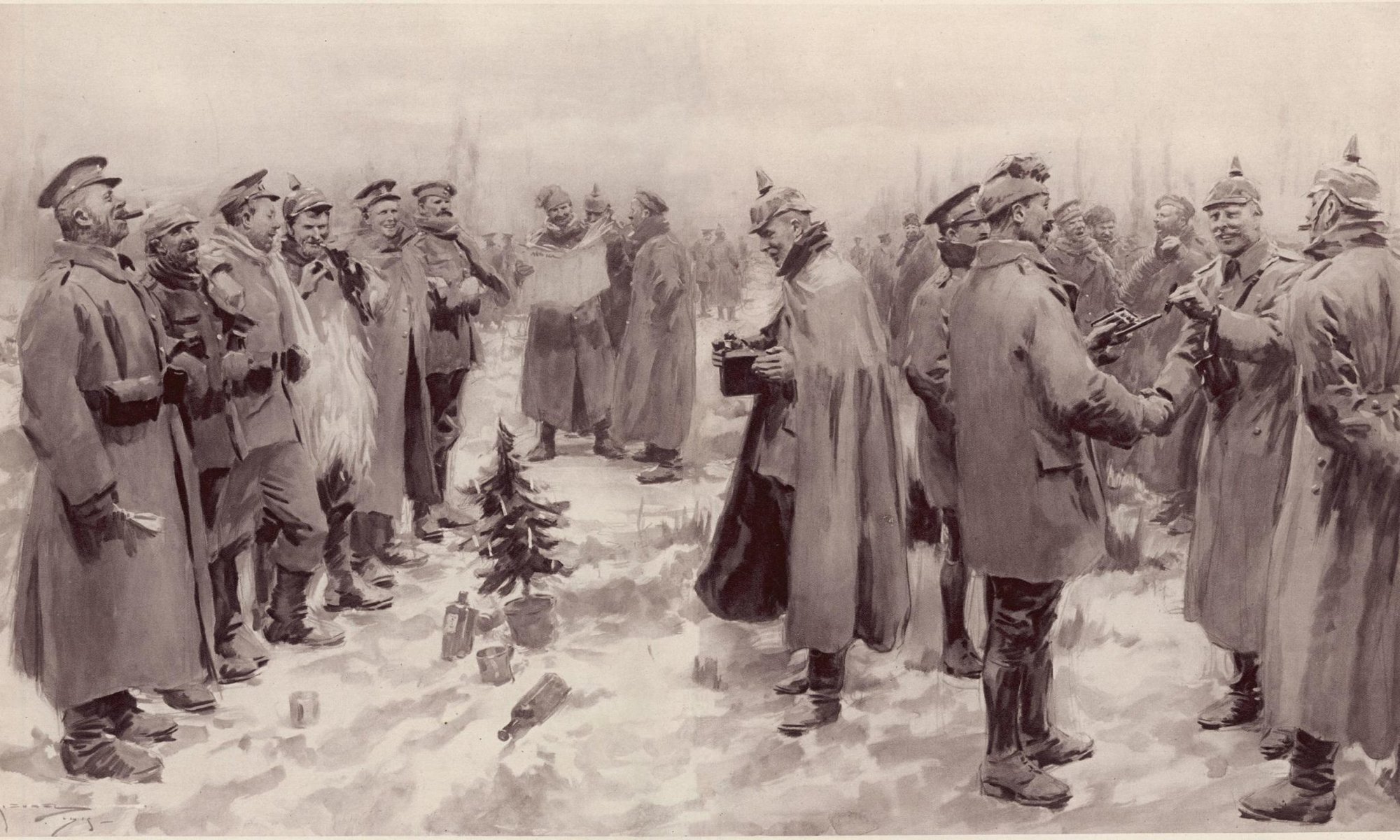 The Illustrated London News’s illustration of the Christmas Truce: “British and German Soldiers Arm-in-Arm Exchanging Headgear: A Christmas Truce between Opposing Trenches” The subcaption reads “Saxons and Anglo-Saxons fraternising on the field of battle at the season of peace and goodwill: Officers and men from the German and British trenches meet and greet one another—A German officer photographing a group of foes and friends.” Wikimedia Commons image.