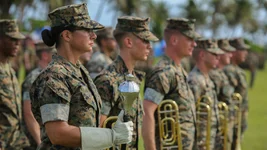 The Marine Corps Forces Pacific Band performs at the Marine Corps Base Camp Blaz reactivation and naming ceremony at Asan Beach, Guam, Jan. 26, 2023. US Marine Corps photo by Lance Cpl. Garrett Gillespie.