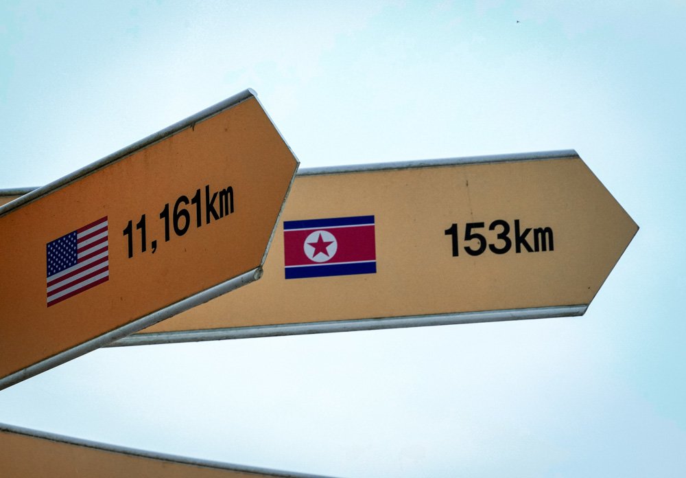 Destination signs to North Korea's capital Pyongyang and the United States are seen at the Imjingak Pavilion in Paju, South Korea.