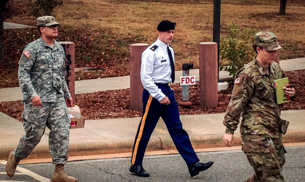 Army Sgt. Bowe Bergdahl is seen leaving a courtroom after a pretrial hearing in 2016.