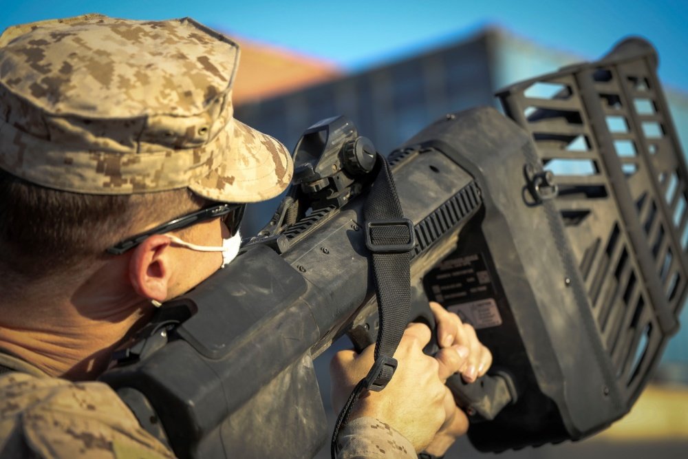 A US Marine assigned to Special Purpose Marine Air-Ground Task Force operates a Battelle Drone Defender V2 during counter-unmanned aircraft systems training at the Baghdad Embassy Compound in Iraq, Oct. 9, 2020. US Marine Corps photo by Gunnery Sgt. Artur Shvartsberg, courtesy of DVIDS.