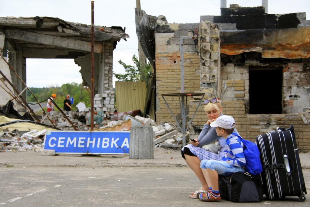 Many towns in eastern Ukraine, such as Semyonovka, shown here, were heavily damaged by fighting in 2014.