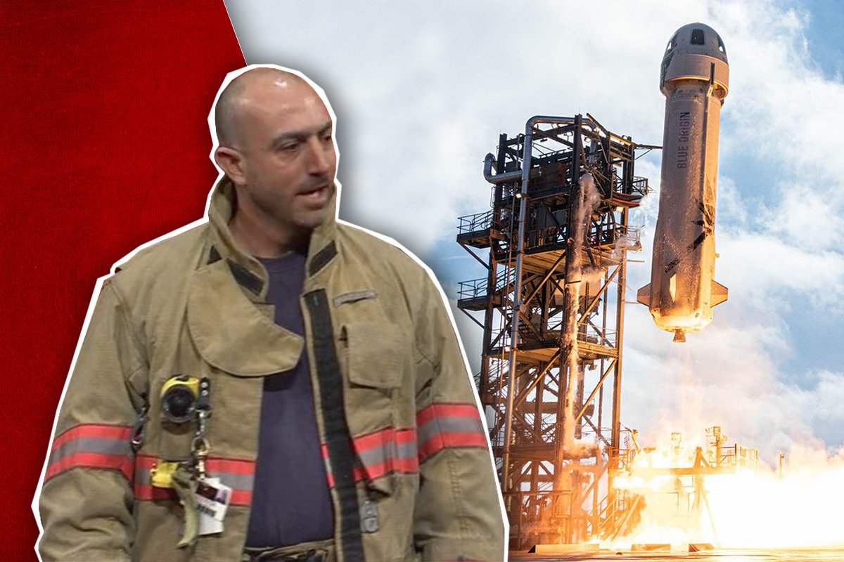 Mark Bezos, a volunteer firefighter since 2005, flew on the Blue Origin rocket Tuesday. Images from YouTube and Blue Origin, composite by Coffee or Die Magazine.
