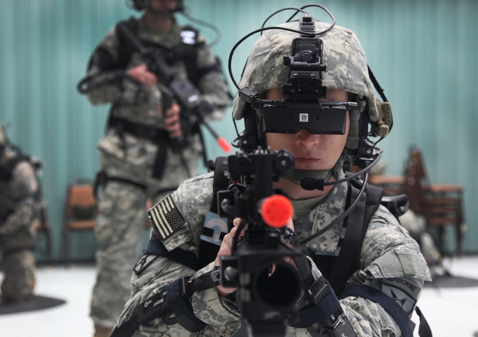 A group of U.S. Army Soldiers assigned to 4th Joint Communication Support Element (Airborne)/ 4 Joint Communication Support, are operating the Dismounted Soldier Training System at Mission Command Training Branch Building, Fort Stewart, Ga., April 17, 2013. This training is helping Soldiers operate using a virtual environment as if they were on a real life mission on a foreign battlefield. (U.S. Army photo by Sgt. Austin Berner/Not Released)