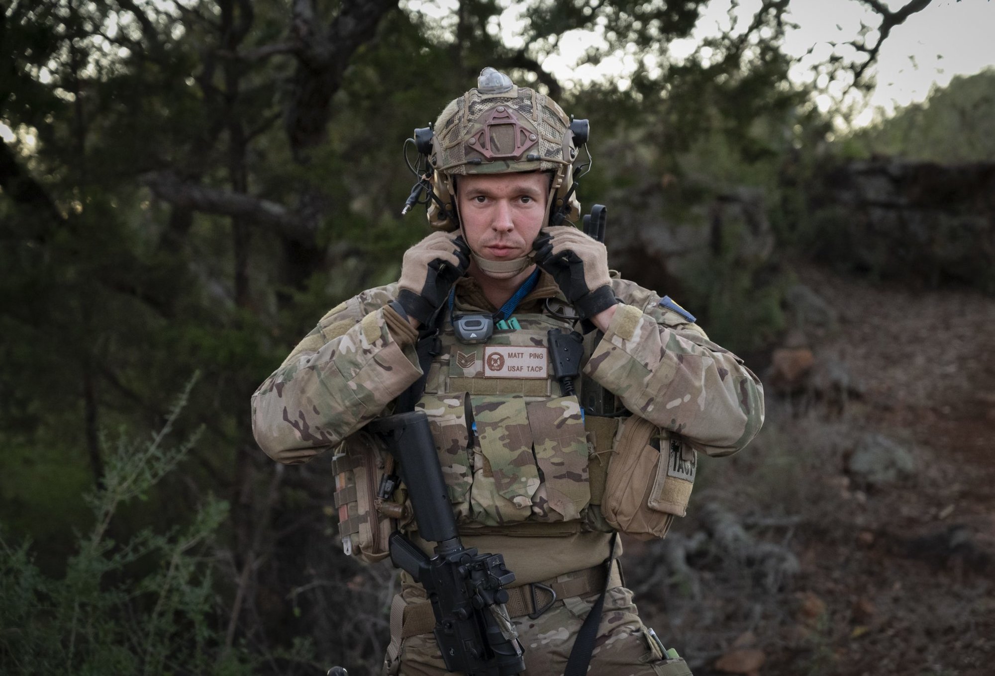 A TACP specialist prepares to step off on a land navigation course at Reveille Peak Ranch in Burnet, Texas, during the 2020 Lightning Challenge. Photo by Ethan E. Rocke/Coffee or Die Magazine