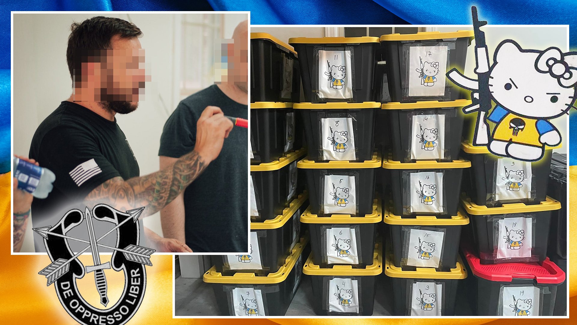 Marking every box with a "Kalashnikitty" sticker or label, Green Beret Dmitry, left, and his wife, Alena — both born and raised in Ukraine — have sent more than $300,000 worth of medical and humanitarian aid to Ukraine from their home in North Carolina. Composite by Coffee or Die Magazine.