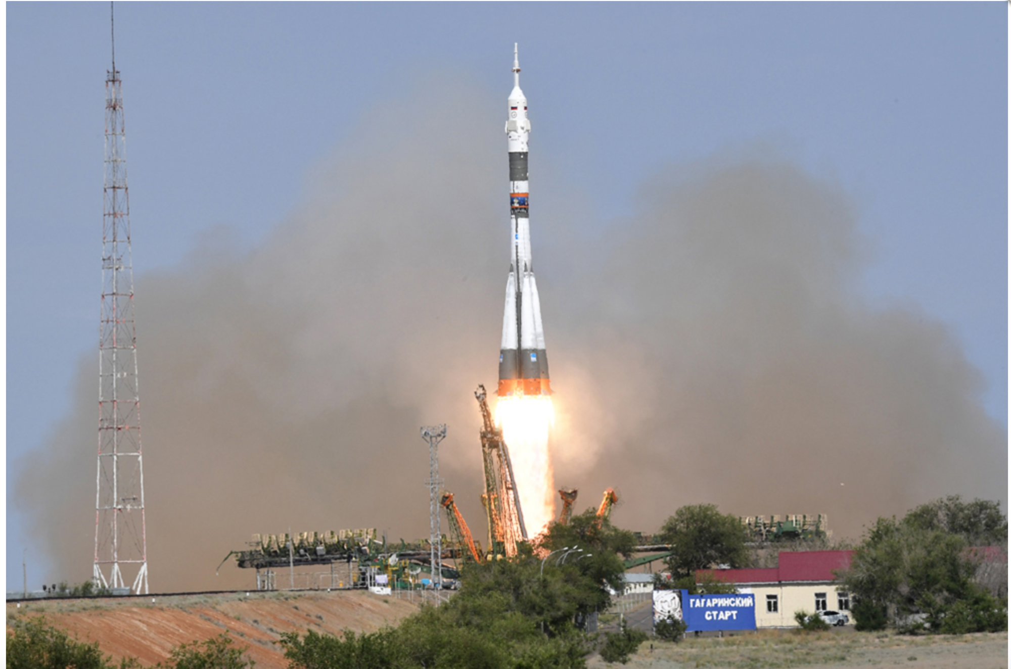 On June 6, 2018, the integrated launch vehicle Soyuz-FG carrying the manned transportation spacecraft Soyuz MS-09 with the ISS 56/57 Expedition crew was launched from Area No.1 (“Gagarin’s launch pad”) of the Baikonur Cosmodrome. Photo courtesy of SC ROSCOSMOS.