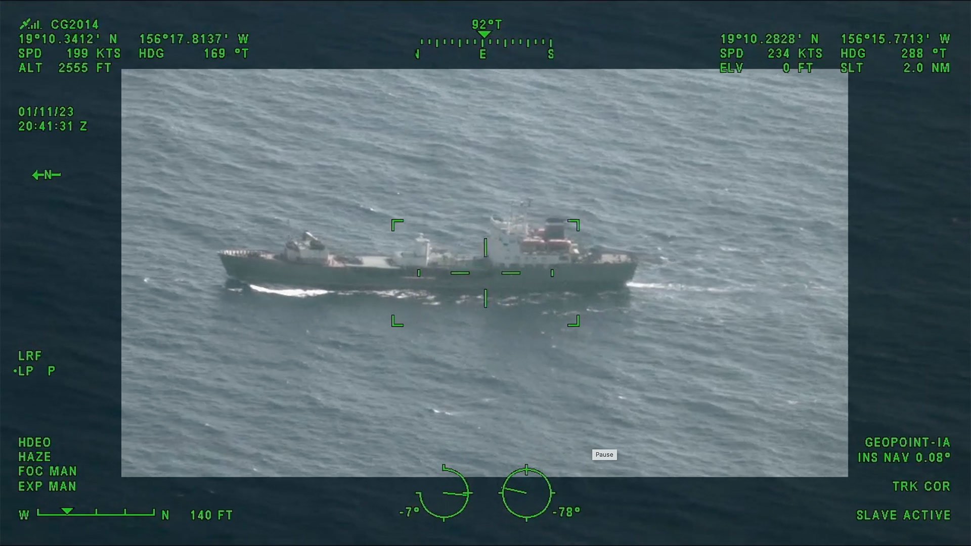 The US Coast Guard 14th District continues to monitor a ship believed to be a Russian intelligence-gathering vessel off the coast of the Hawaiian Islands. Screengrab from US Coast Guard video.