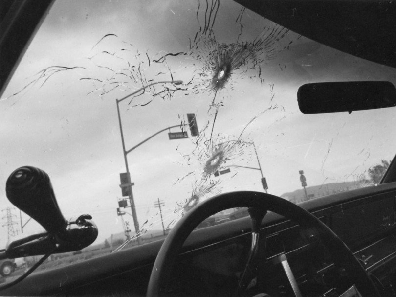 Riverside deputy A.J. Reynard was inside this sheriff’s car when the robbers unloaded a hail of bullets at him. (Photo courtesy of Riverside Sheriff’s Office)