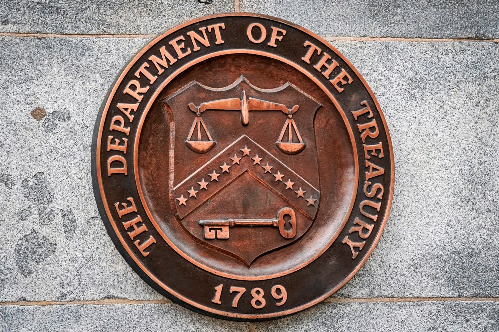 The Department of the Treasury's seal outside the Treasury Department building in Washington.