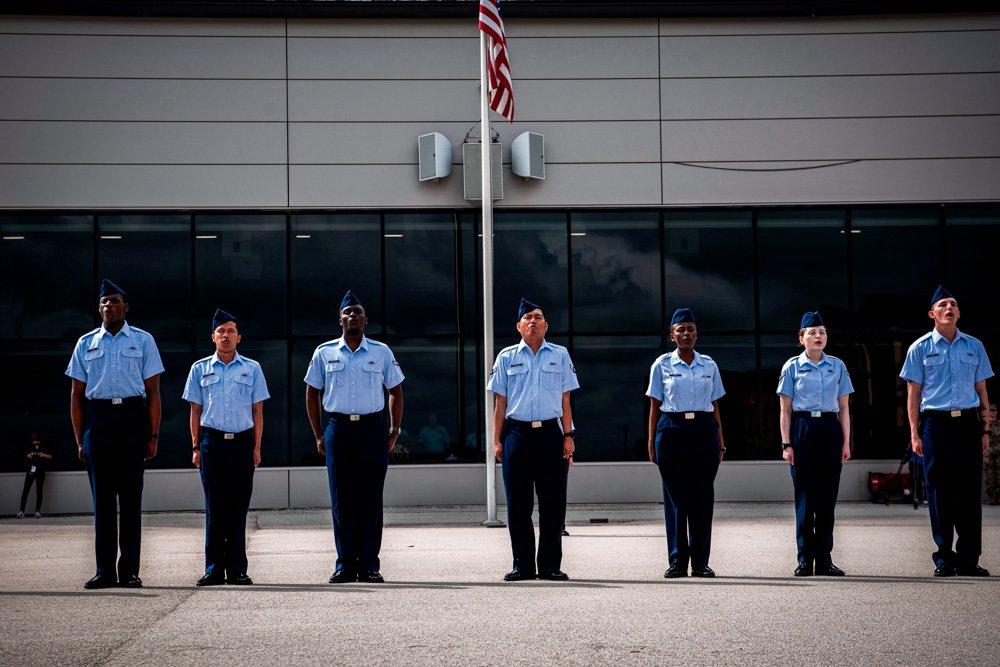 New graduates recite the Airman’s Creed at Basic Military Training during the Coin Ceremony.