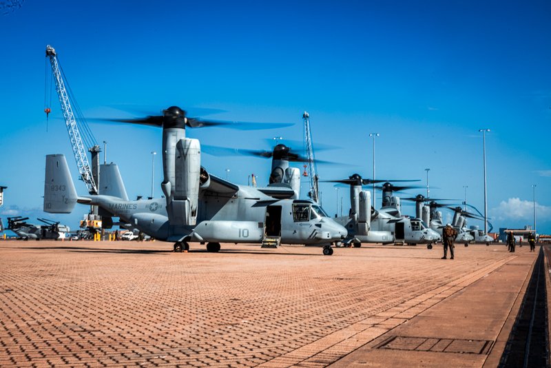 An MV-22B Osprey tiltrotor aircraft 