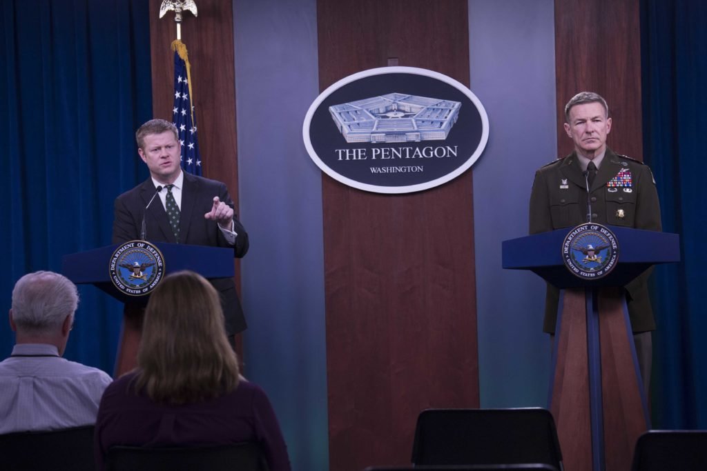 Secretary of the Army Ryan McCarthy and Chief of Staff of the Army Gen. James McConville hold a news conference at the Pentagon, March 20, 2020, to discuss the Army's efforts during the COVID-19, coronavirus pandemic. Photo by Army Staff Sgt. Brandy Nicole Mejia, courtesy of the Department of Defense.