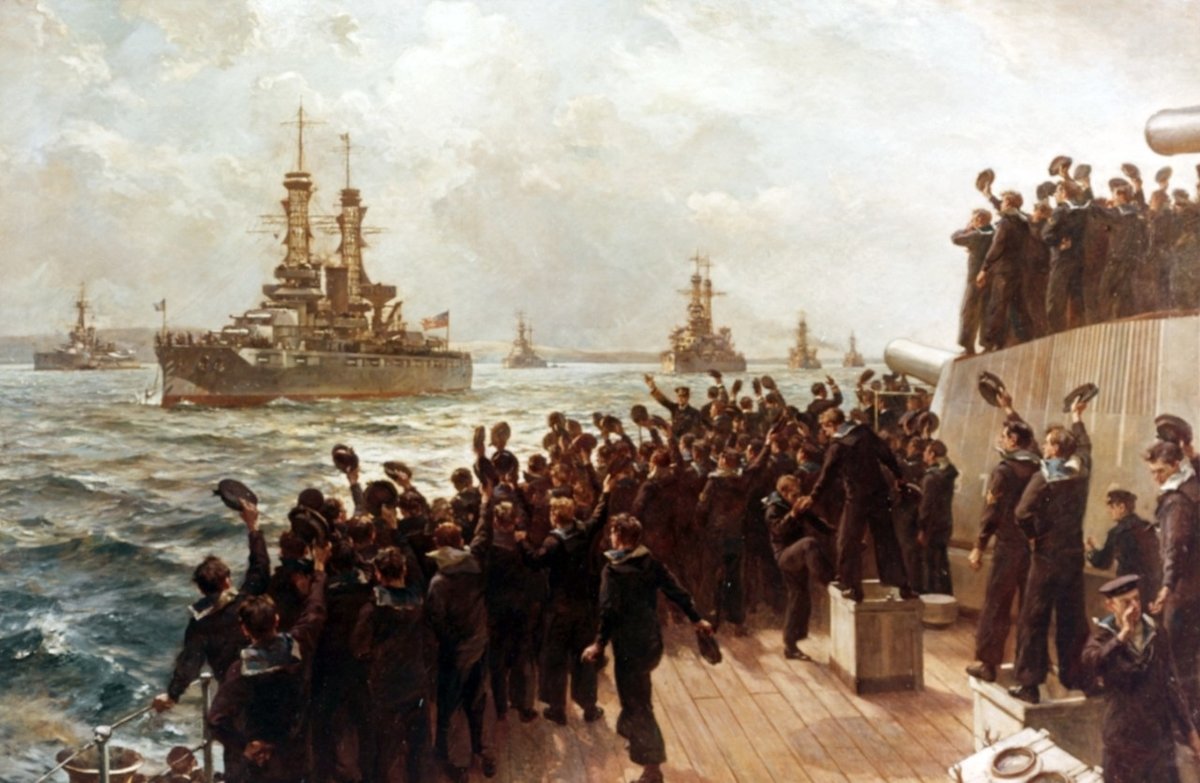“The arrival of the American Fleet at Scapa Flow, 7 December 1917”
Oil on canvas by Bernard F. Gribble, depicting the U.S. Navy’s Battleship Division Nine being greeted by British Admiral David Beatty and the crew of the British warship Queen Elizabeth. Ships of the American column are (from front) USS New York (BB-34), USS Wyoming (BB-32), USS Florida (BB-30) and USS Delaware (BB-28). Courtesy of the U.S. Navy Art Collection, Washington, D.C. U.S. Naval History and Heritage Command image.