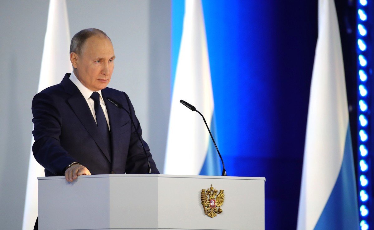 Russian President Vladimir Putin delivers an address to Russia's Federal Assembly on April 21, 2021. Photo courtesy of the Russian Presidential Administration.