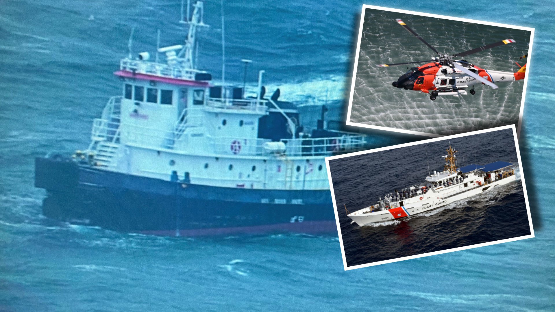 A US Coast Guard sector diverted a cutter and launched two helicopters from coastal air stations on Saturday, Jan. 14, 2023, when they received a distress call from a crew member on board a disabled tugboat. US Coast Guard photos. Composite by Noelle Wiehe/Coffee or Die Magazine.