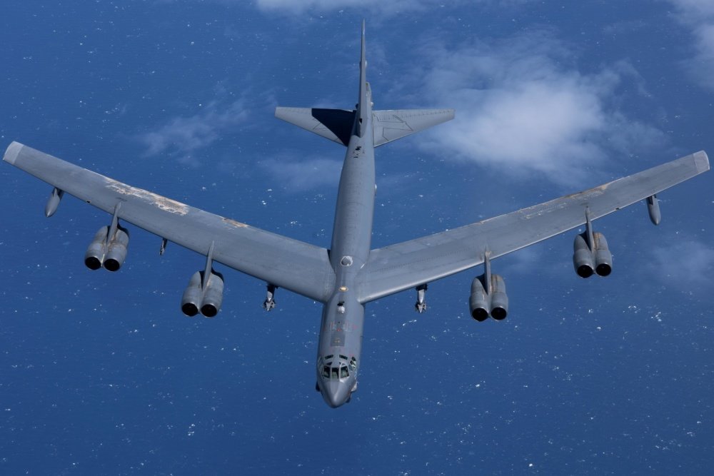 A U.S. Air Force B-52 Stratofortress, from the 5th Bomb Wing at Minot Air Force Base, N.D., breaks away after receiving fuel from a U.S. Air Force KC-135 Stratotanker from RAF Mildenhall, England, over the Mediterranean Sea April, 9, 2018. U.S. Air Force photo by Airman 1st Class Benjamin Cooper.