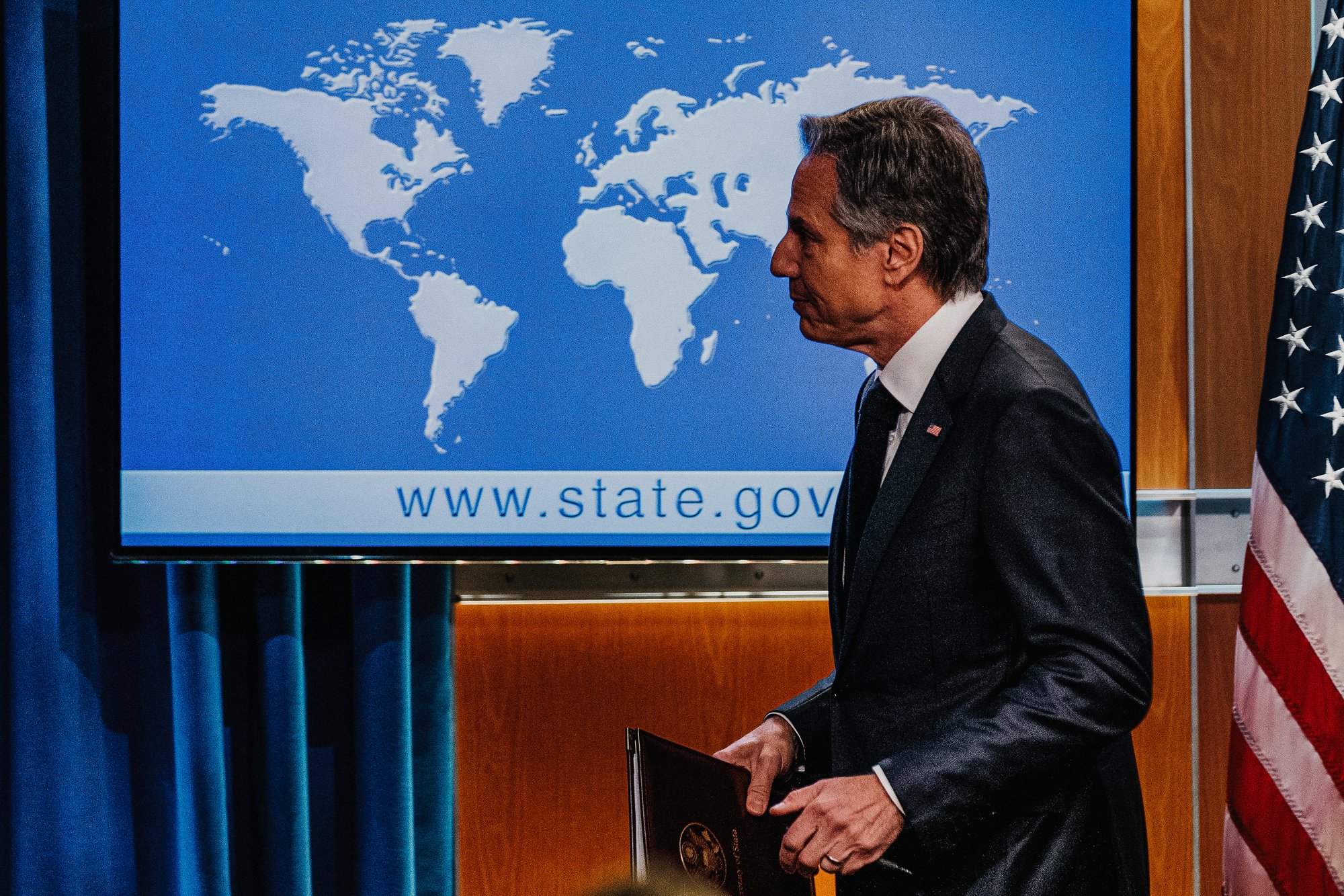 Secretary of State Antony Blinken departs a briefing on the 2022 Country Reports on Human Rights Practices at the State Department in Washington, Monday, March 20, 2023. AP photo by Andrew Harnik.