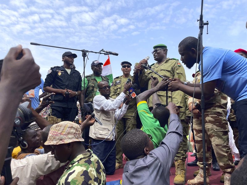 Mohamed Toumba, one of the soldiers who ousted Nigerian President Mohamed Bazoum, addresses supporters