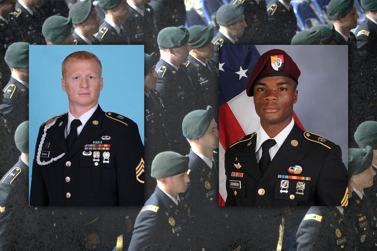 Two soldiers who were killed in a 2017 ambush of a Special Forces team they were attached to were symbolically awarded Green Berets. US Army photo by K. Kassens; all photos courtesy of DVIDS. Graphic by Luke Ryan.