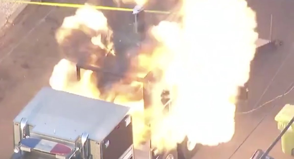 An LAPD bomb squad truck exploded in a failed controlled detonation this week. Video still from KTLA.