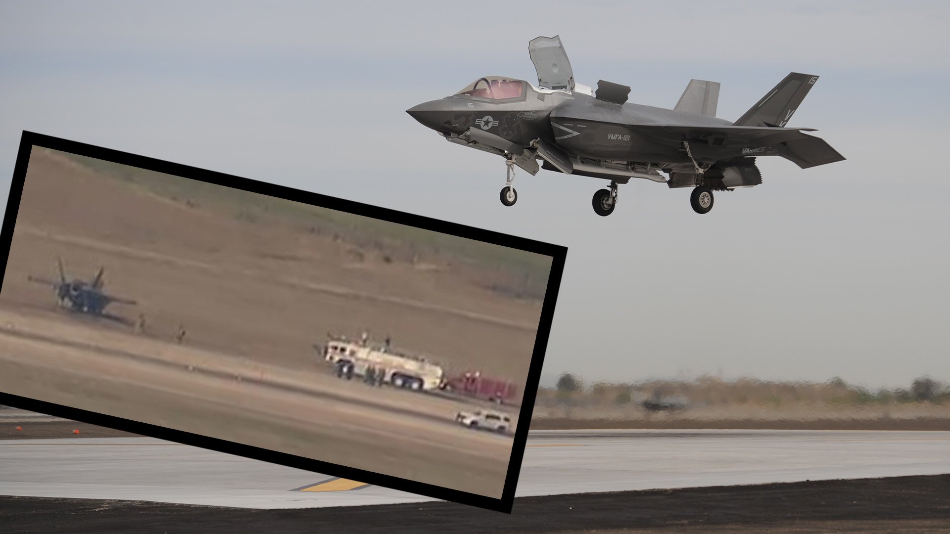 Designed to operate from amphibious ships and austere operating bases, the US Marine Corps' F-35B Lightning II Joint Strike Fighters are built by Lockheed Martin. An F-35B crashed Dec. 15, 2022, at Naval Air Station Joint Reserve Base Fort Worth in Texas. Coffee or Die Magazine composite.