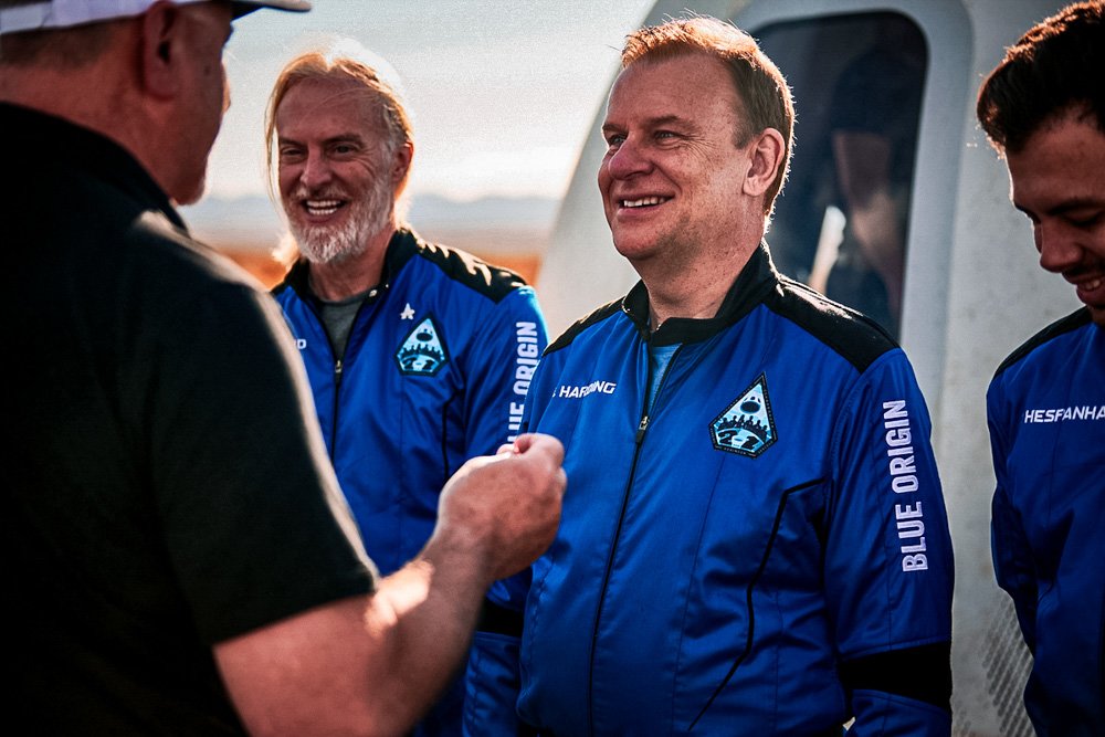 In this photo provided by Blue Origin, NS-21 (New Shepard-21), astronaut Hamish Harding receives his Blue Origin astronaut pin.