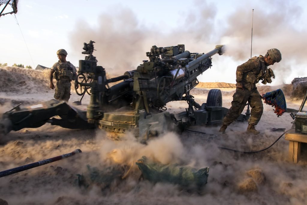Paratroopers engage ISIS militants with precise and strategically placed artillery fire in support of Iraqi and Peshmerga fighters in Mosul, Iraq, July 6, 2017. The paratroopers are assigned to Charlie Battery, 2nd Battalion, 319th Airborne Field Artillery Regiment, 82nd Airborne Division. Photo by Sgt. Christopher Bigelow/U.S. Army.