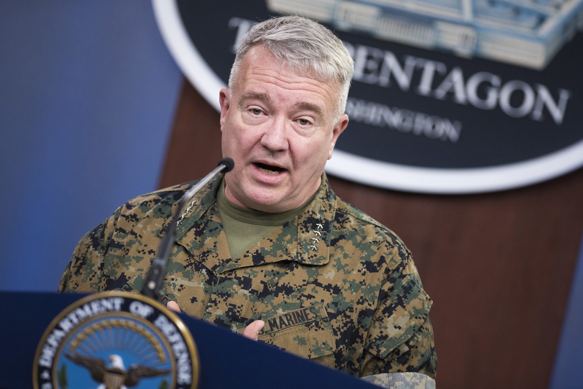 The commander of U.S. Central Command, Marine Corps Gen. Kenneth F. McKenzie Jr., briefs reporters on the status of operations in the CENTCOM area of responsibility, at the Pentagon, Washington, D.C., March 13, 2020. (DoD photo by Lisa Ferdinando)