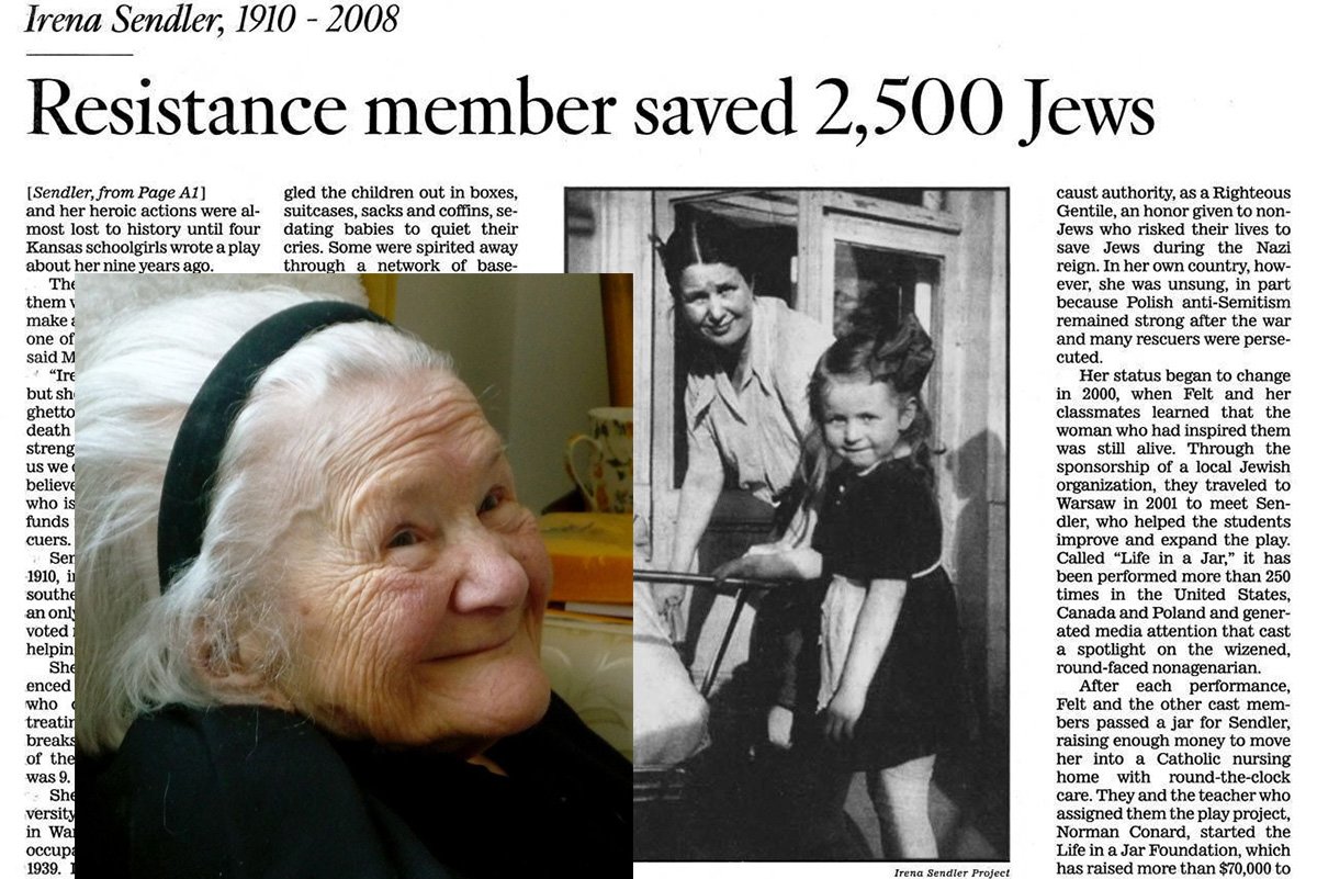 Irena Sendler, 1910-2008, saved approximately 2,500 Jewish children from death in the Treblinka gas chamber. Photos courtesy of the Irena Sendler Project Facebook and the Lowell Milken Center. Composite by Coffee or Die Magazine.
