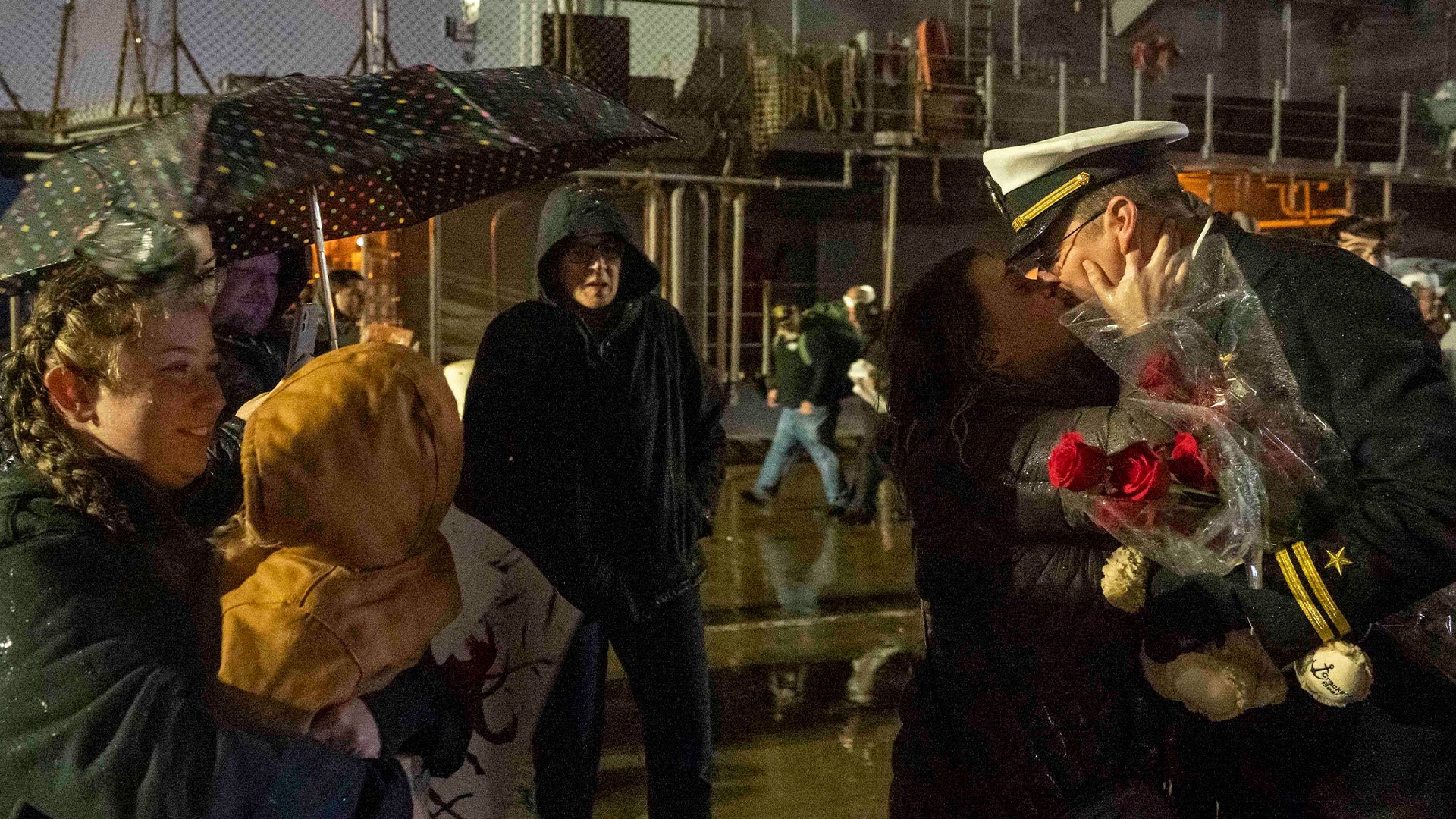 A dark and soggy Naval Station Norfolk greeted the officers and crew from the guided-missile destroyer Forrest Sherman when they returned to their Virginia homeport on Dec. 22, 2022, following eight months at sea. US Navy photo by Mass Communication Specialist 2nd Class Anderson W. Branch.