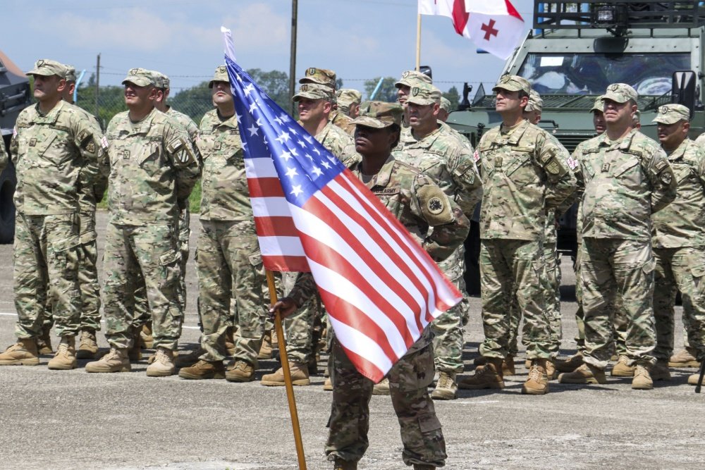 Soldiers from the Georgia National Guard participated in the Agile Spirit 19 opening ceremony at Senaki Air Base, Georgia on July 27, 2019. U.S. Army National Guard photo by Spc. Tori Miller via DVIDS.