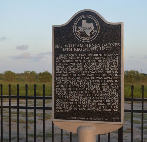 In 2013, a Texas Historical Marker in honor of Sergeant William H. Barnes was placed at the Indianola Cemetery. Photo courtesy of IndianolaTX.com.