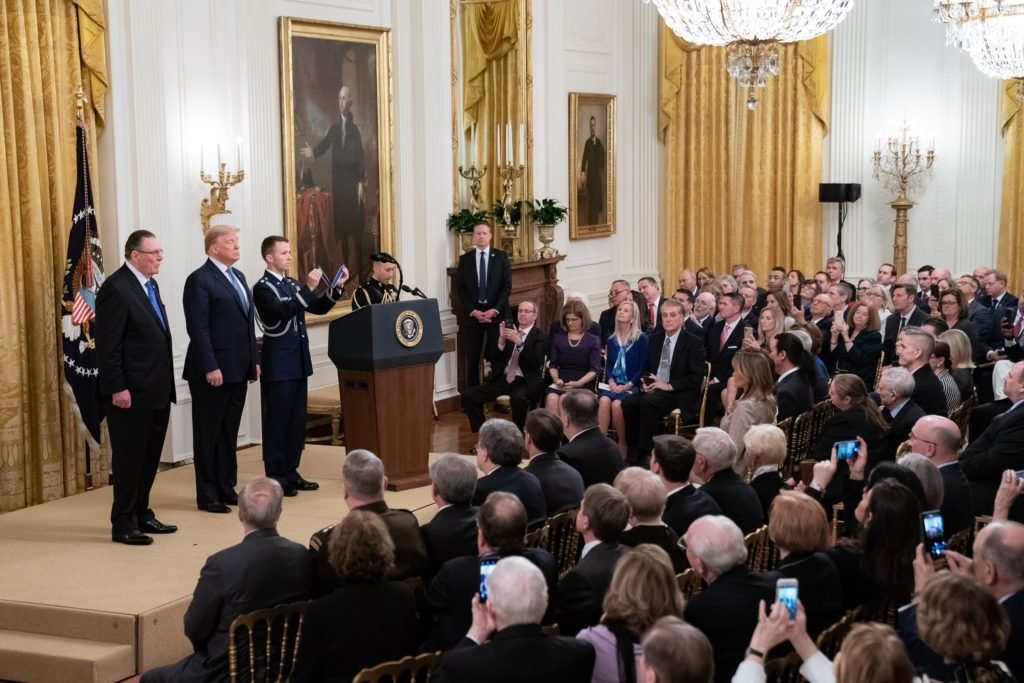 Keane prepares to receive the Presidential Medal of Freedom on March 10, 2020, at the White House. U.S. Army photo.