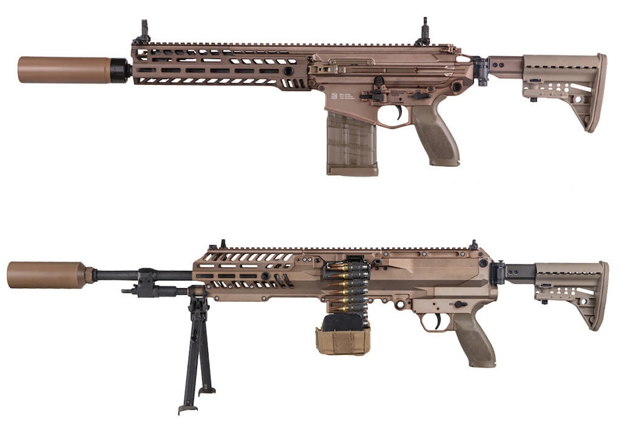 Sig Sauer’s NGSW-AR, bottom, and NGSW-R, top, have been delivered to the Army as Next Generation Squad Weapon prototypes. Photo courtesy of Sig Sauer.