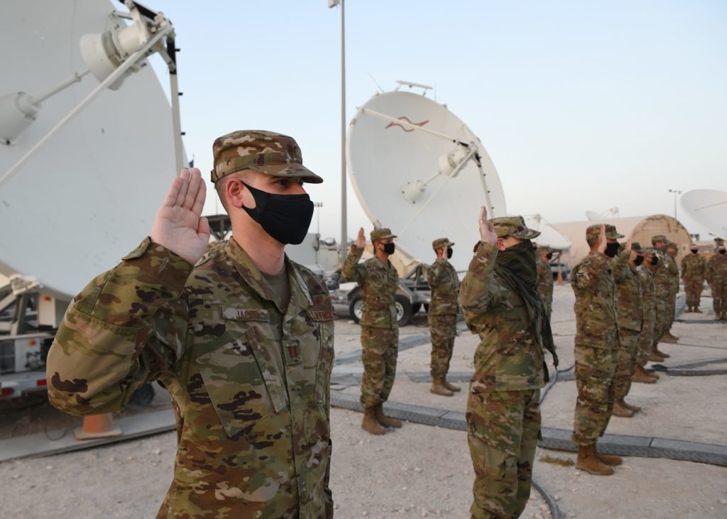 US Air Force officers take an oath of office as they transferred to the US Space Force.